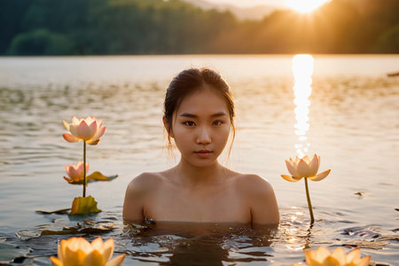 A young attractive girl of Asian appearance bathes in a lake with blooming lotuses, golden hour. AI generated.の素材