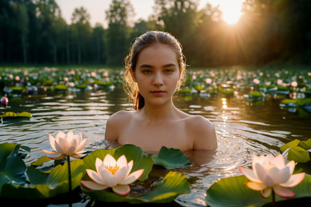 A young attractive girl with long hair bathes in a lake with blooming lotuses, golden hour. AI generated.の素材