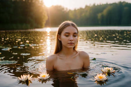A young attractive girl with long hair bathes in a lake with blooming lotuses, golden hour. AI generated.の素材