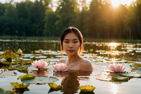 A young attractive girl with long hair bathes in a lake with blooming lotuses, golden hour. AI generated.の素材