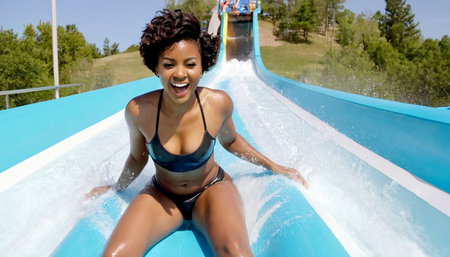 Happy satisfied young woman having fun in an aqua park on a water slide on a warm summer day. AI generated.の素材