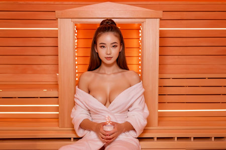 A young girl takes spa treatments in an infrared sauna on a wooden shelf. AI generated. on a wooden shelf. AI generated.の素材