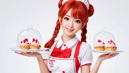 Artistic anime picture of a young girl waitress in kawaii style on a white background isolated. AI generated.の素材