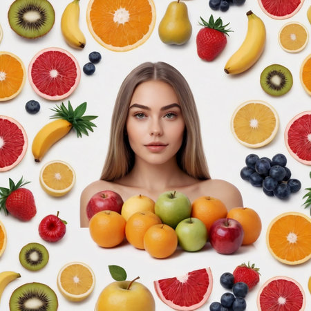 Beautiful young girl with long hair collage with fruits, healthy eating concept. AI generated.の素材
