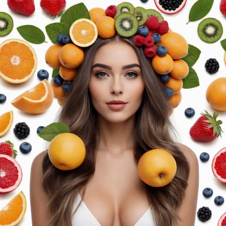 Beautiful young girl with long hair collage with fruits, healthy eating concept. AI generated.の素材