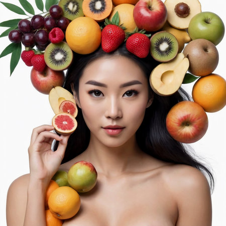 Beautiful young smiling Asian girl with short hair collage with fruits, healthy eating concept. AI generated.の素材