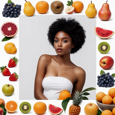 Beautiful young smiling black girl with short hair collage with fruits, healthy eating concept. AI generated.の素材