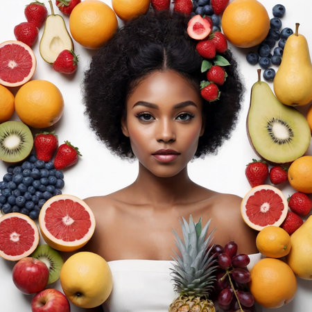 Beautiful young smiling black girl with short hair collage with fruits, healthy eating concept. AI generated.の素材
