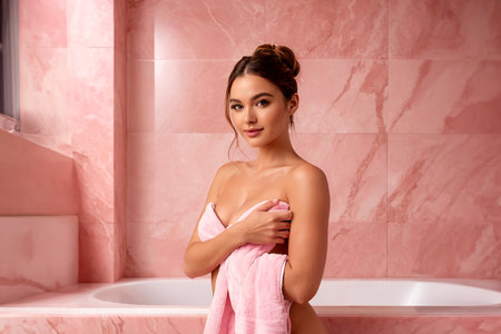 Young pretty attractive woman posing with a towel in a stylish pink bathroom. AI generated.の素材