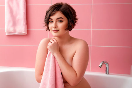 Young pretty attractive woman posing with a towel in a stylish pink bathroom. AI generated.の素材