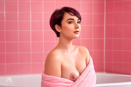 Young pretty attractive woman posing with a towel in a stylish pink bathroom. AI generated.の素材