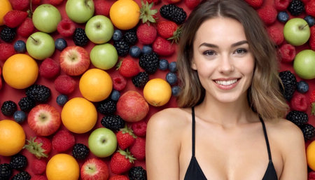 Young pretty long-haired woman in a swimsuit posing, smiling, with fruits, healthy plant food concept. AI generated.の素材