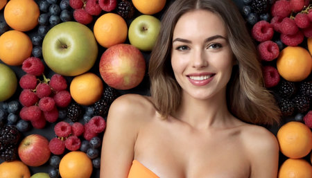 Young pretty long-haired woman in a swimsuit posing, smiling, with fruits, healthy plant food concept. AI generated.の素材