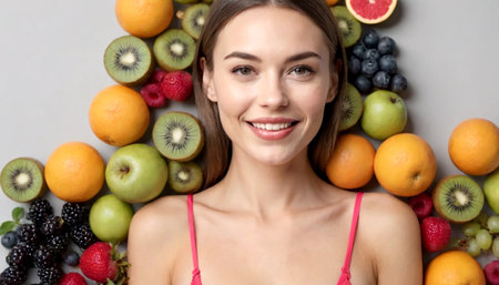 Young pretty long-haired woman in a swimsuit posing, smiling, with fruits, healthy plant food concept. AI generated.の素材