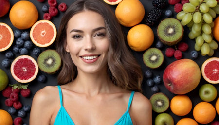 Young pretty long-haired woman in a swimsuit posing, smiling, with fruits, healthy plant food concept. AI generated.の素材