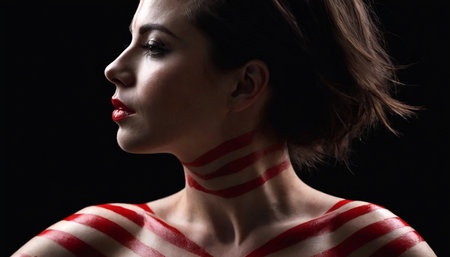 Portrait of a beautiful girl with a striped scarf on her neckの素材