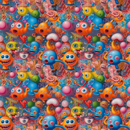 Abstract seamless bright colorful psychedelic comic pattern with cartoon objects in vector style, design packaging material, print. AI generated.の素材