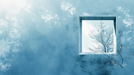 Window with bare trees on blue wall background. Winter season concept.の素材