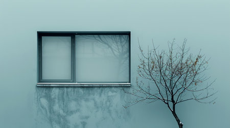 3D render of a window with a tree on a blue wallの素材