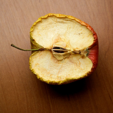 Dried apple half reveals intricate textures and colors on rustic wood.