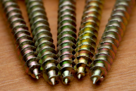 Close-up view of several screws aligned in even rows, showing their details.