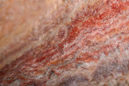 Intricate patterns showcase vibrant hues of red and orange in stone.