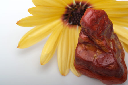 Polished red stone rests beside a vibrant yellow flower against a clean white backdrop.
