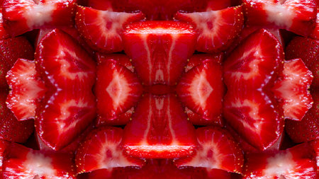 Vibrant strawberries cut and showcased in an artistic, symmetrical formation evoke summer.