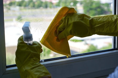 Bright sunlight shines on hands wearing gloves that clean a window with care.の写真素材