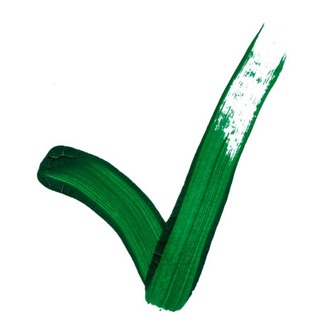 Vibrant green brush strokes form a striking check mark on a blank canvas.の写真素材