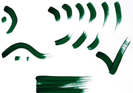 Bold green brushstrokes adorn the canvas, forming dynamic shapes and patterns.