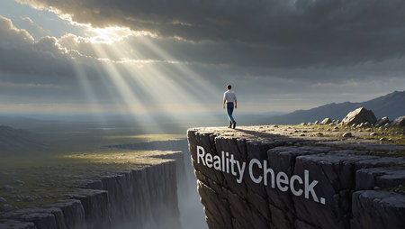 Standing on a cliff, a figure contemplates existence under a dramatic sky.の素材