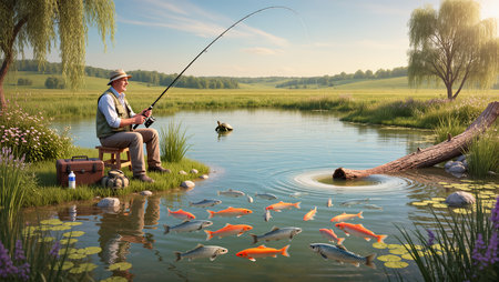An elderly man relaxes while fishing at a tranquil lake surrounded by nature.の素材