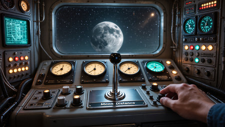 A hand navigates controls in a spacecraft, gazing at the luminous moon ahead.の素材