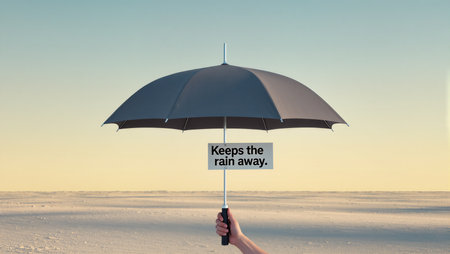 Hand holds umbrella with sign declaring keeps the rain away against a clear horizon.の素材