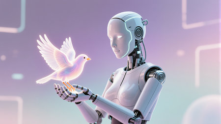 A humanoid robot cradle a glowing bird against a vibrant technological backdrop.の素材