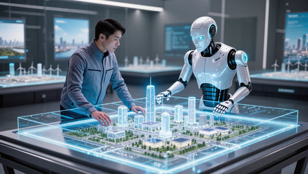 A man and a robot explore a holographic city model showing innovative architecture.の素材