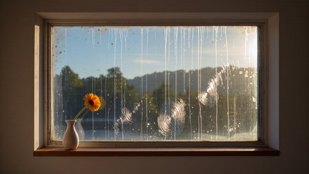 A single vibrant flower in a white vase brightens a foggy windowpane.の素材