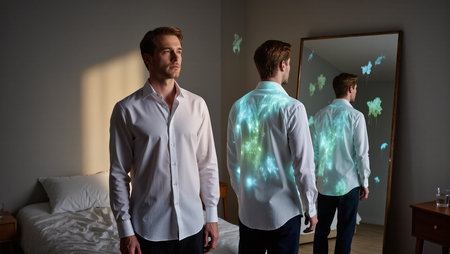 A thoughtful man stands in a modern bedroom, illuminated by vibrant projections.の素材