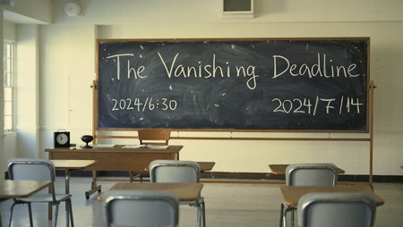 A classroom setting features a chalkboard with a unique deadline announcement.の素材