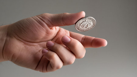 A hand skillfully spins a shiny coin, showcasing a moment of playful focus.の素材