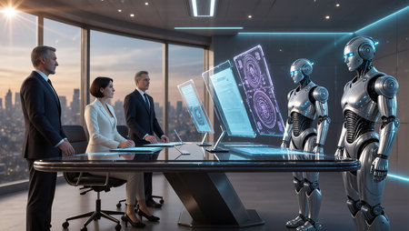 A dynamic meeting takes place in a sleek urban boardroom featuring advanced robots.の素材