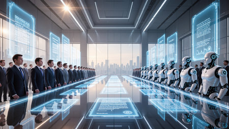 Executives and humanoid robots engage in discussions within a high-tech room.の素材