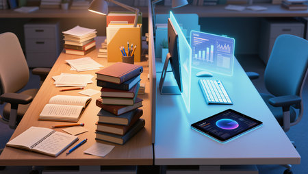 One side shows a cluttered desk filled with books, while the other features sleek tech.の素材