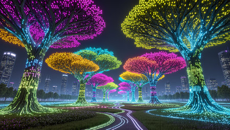 A magical display of colorful trees lights up a city park at night, captivating visitors.の素材