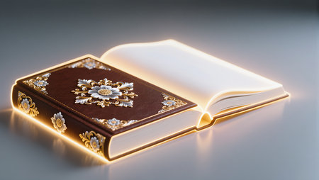 A beautifully crafted book rests open, showing its ornate cover and shining details.の素材