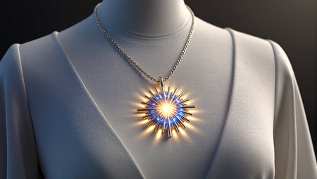 A sparkling starburst necklace shines on a light garment, drawing attention.の素材
