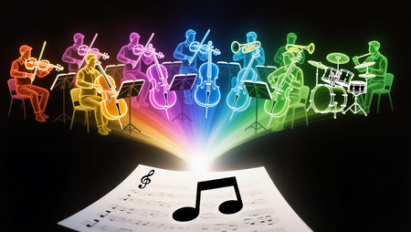 Musicians play various instruments, filling the air with vibrant melodies and colors.の素材