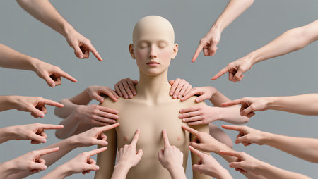 Numerous hands point and toward reach a calm figure, evoking a sense of scrutiny.の素材