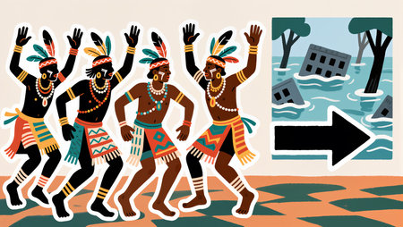 Traditional dancers in vibrant costumes highlight environmental issues.の素材